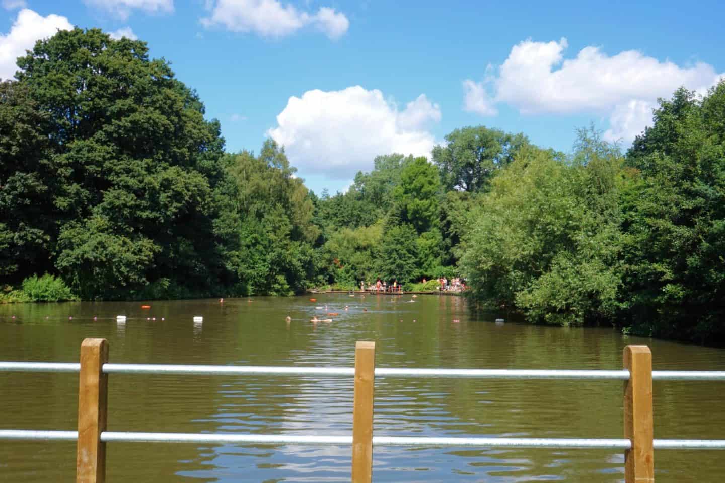 Hampstead Heath Bathing Ponds - Hampstead Heath mixed swimming pond with railing in front | what to do on Hampstead Heath