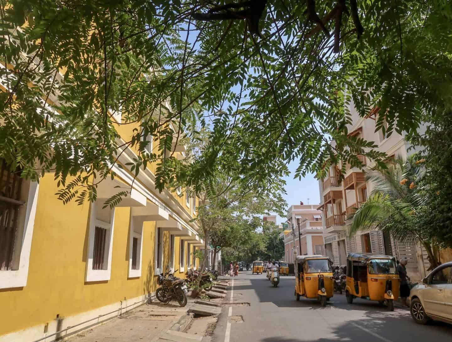 Pondicherry White Town - yellow building and green streets of pondicherry | best places to visit in India