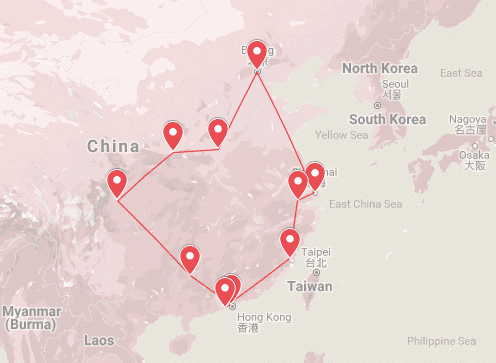 The Dragon Trip 25 Day China Loop Map - backpacking China, The Dragon Trip 25 Day China Loop Map