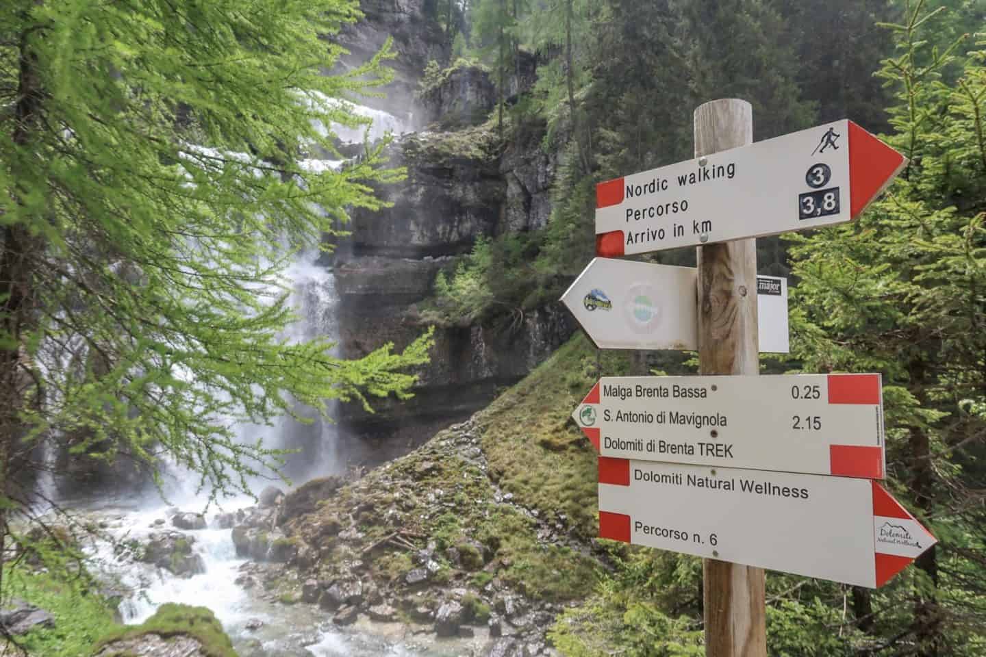 San Vili Pathway Trek Trentino Italy Signs - San Vili Pathway Trek Signs and Waterfall