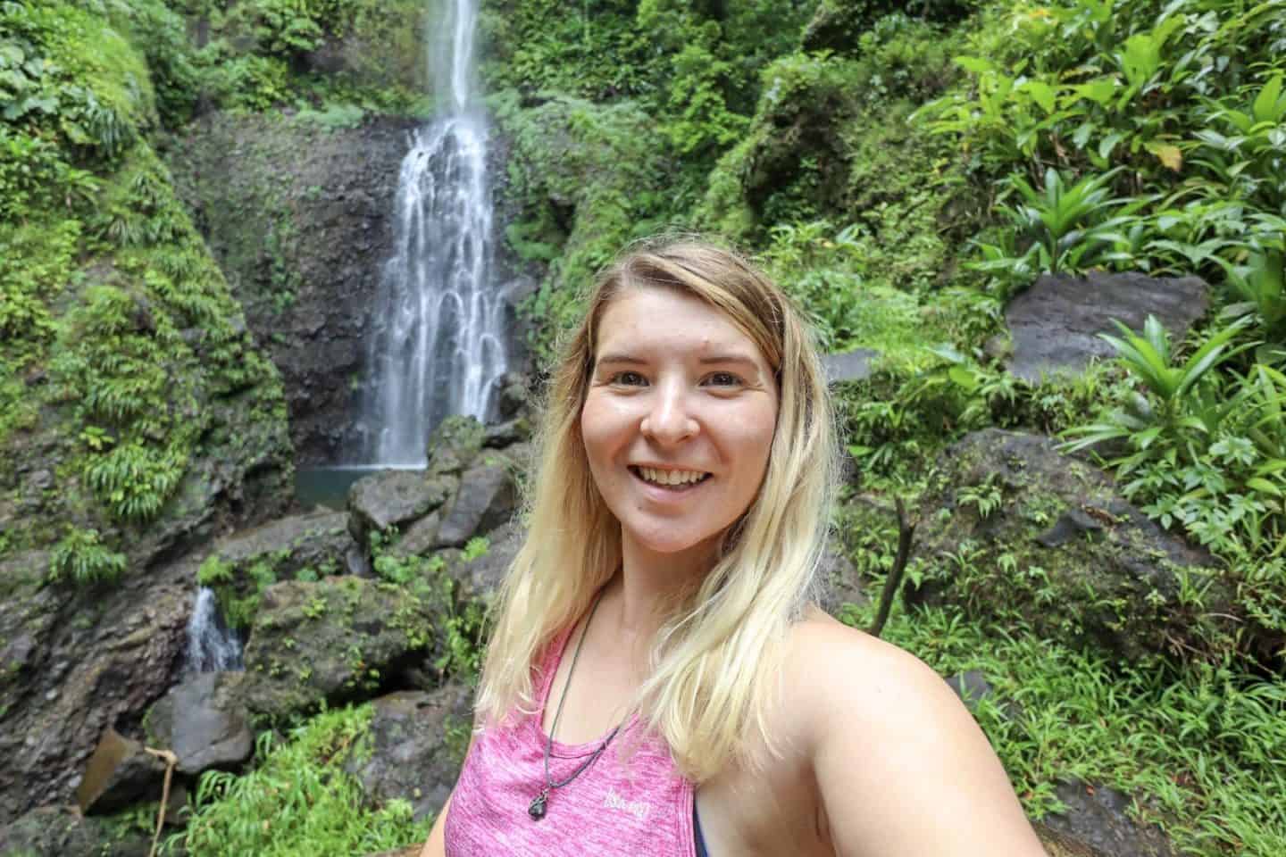 middleham fall dominica - Dominica travel guide, ellie quinn in hiking clothes by waterfall