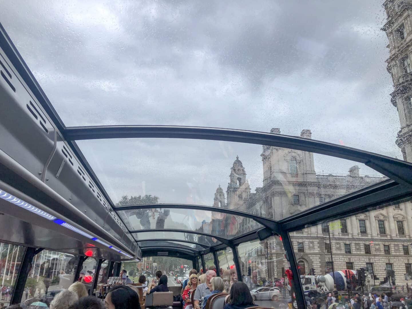 Bustronome bus london - panoramic terrace in the rain on the bustronome bus london
