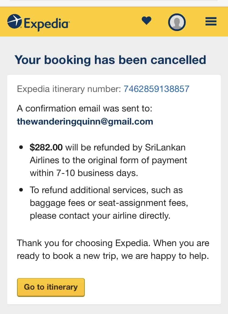 Expedia.com flight cancellation - proof of onward travel, Expedia.com flight cancellation