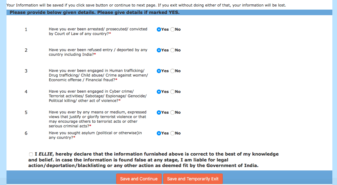 Indian eVisa Website - tourist visa for india, Indian visa online application questions screen