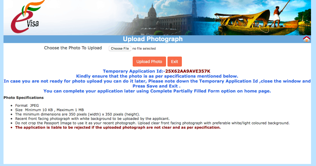 Indian eVisa Website - tourist visa for india, Indian visa online application photo upload screen