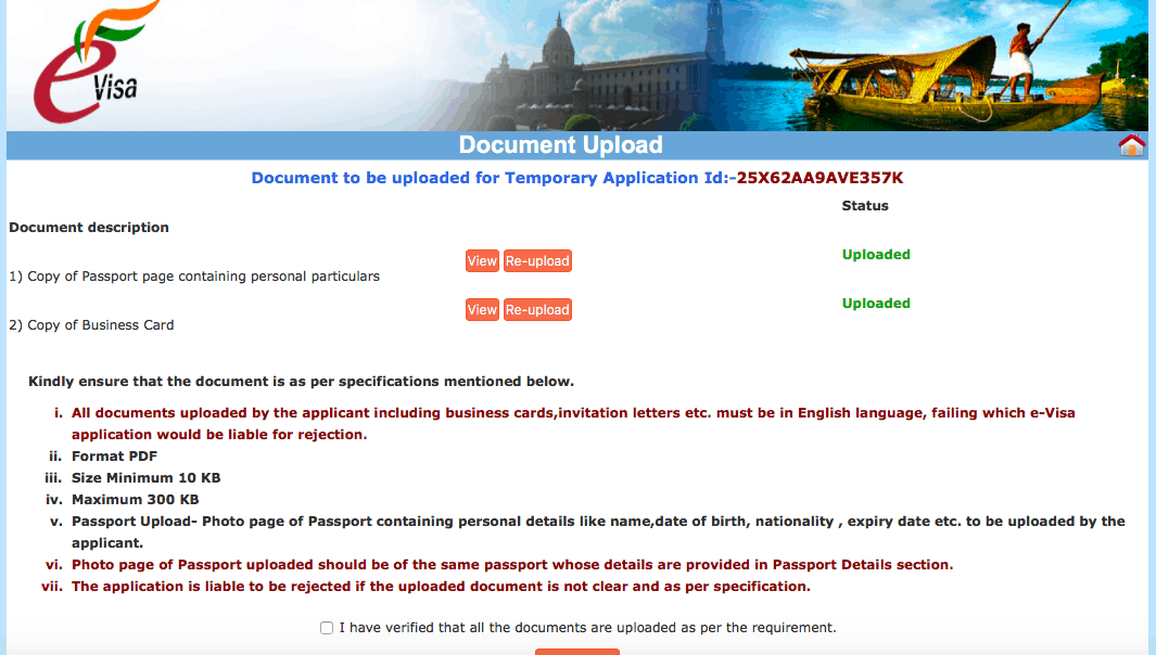 Indian eVisa Website - tourist visa for india, Indian visa online application document upload screen
