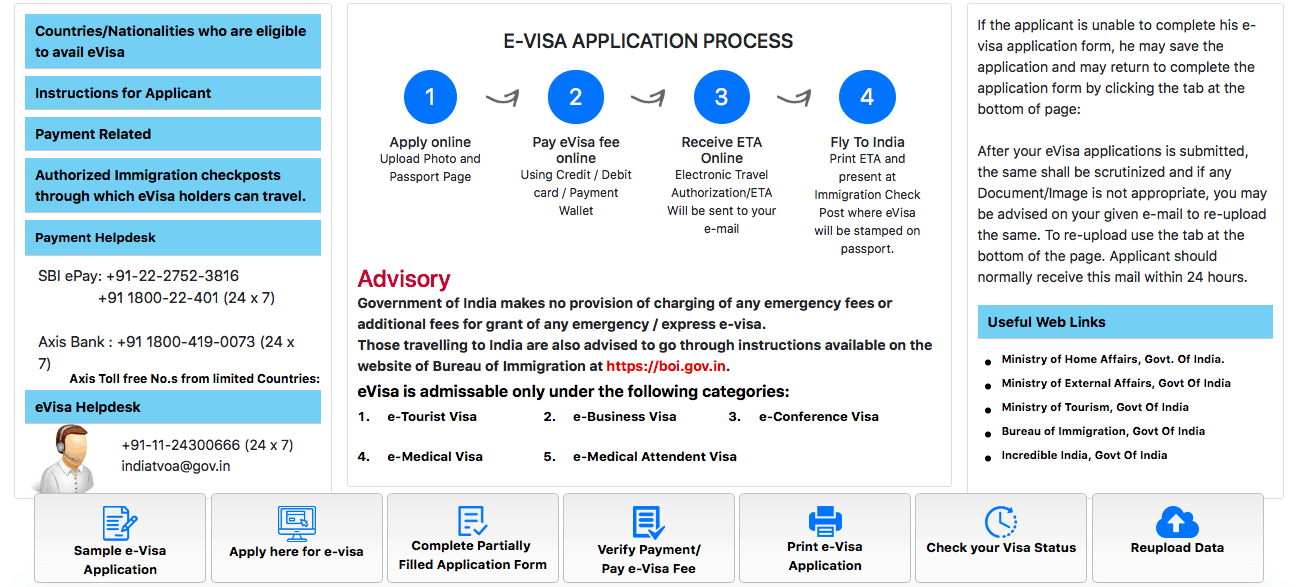 Indian eVisa Website - tourist visa for India, Indian visa online application homepage screen