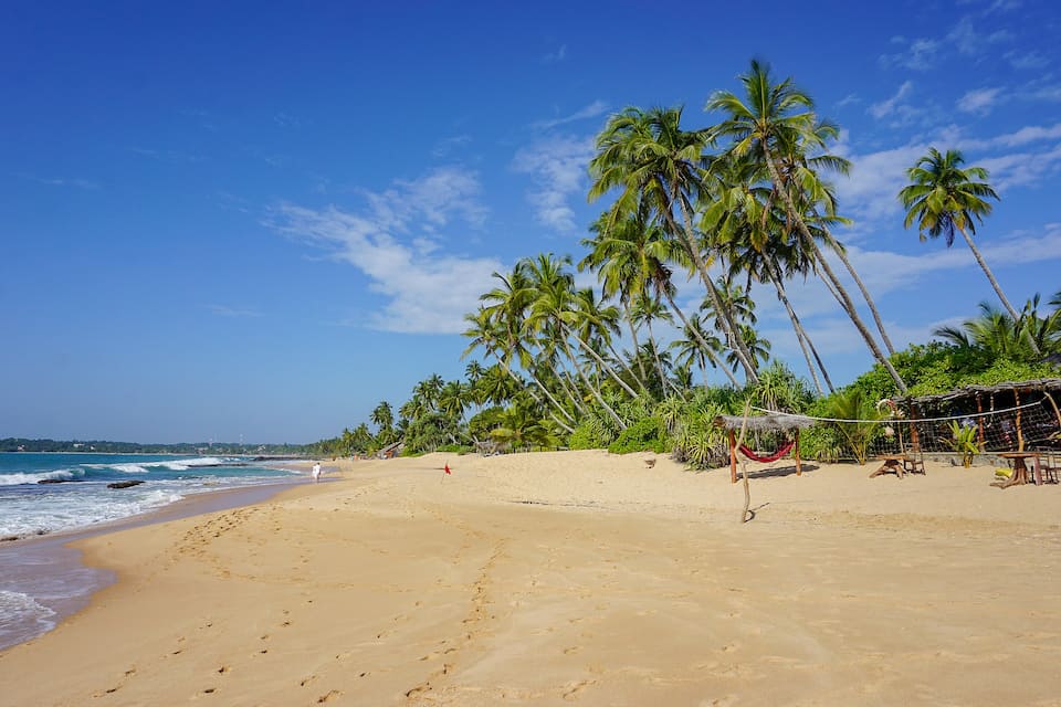 Tangalle Beach - places to visit in Sri Lanka on first trip, white sand beach with blue sky and palm trees