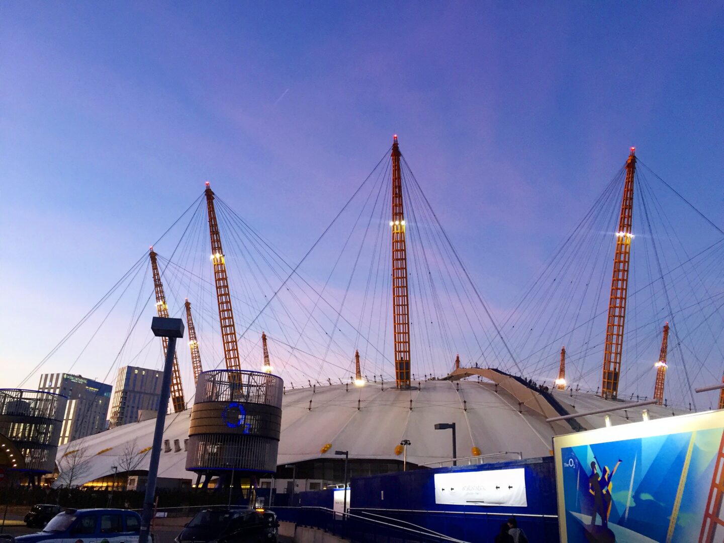 O2 Area at Sunset - London in Winter, o2 with pink sunset
