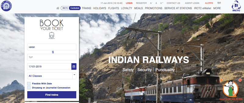 Booking trains in India 1 - IRCTC homepage for people searching how to book trains in India