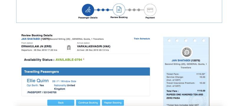 Booking trains in India 6 - IRCTC train booking page