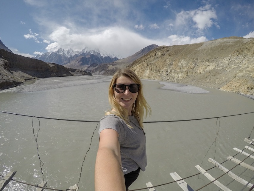Passu Suspension Bridge - Pakistan travel advice, ellie quinn on passu bridge in Hunza Pakistan