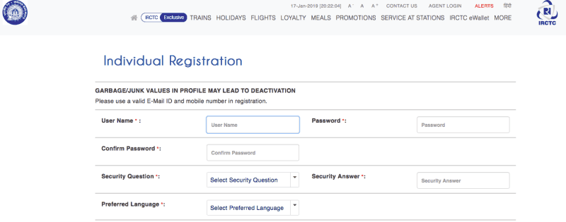 How to register on IRCTC 2 - IRCTC Registration page