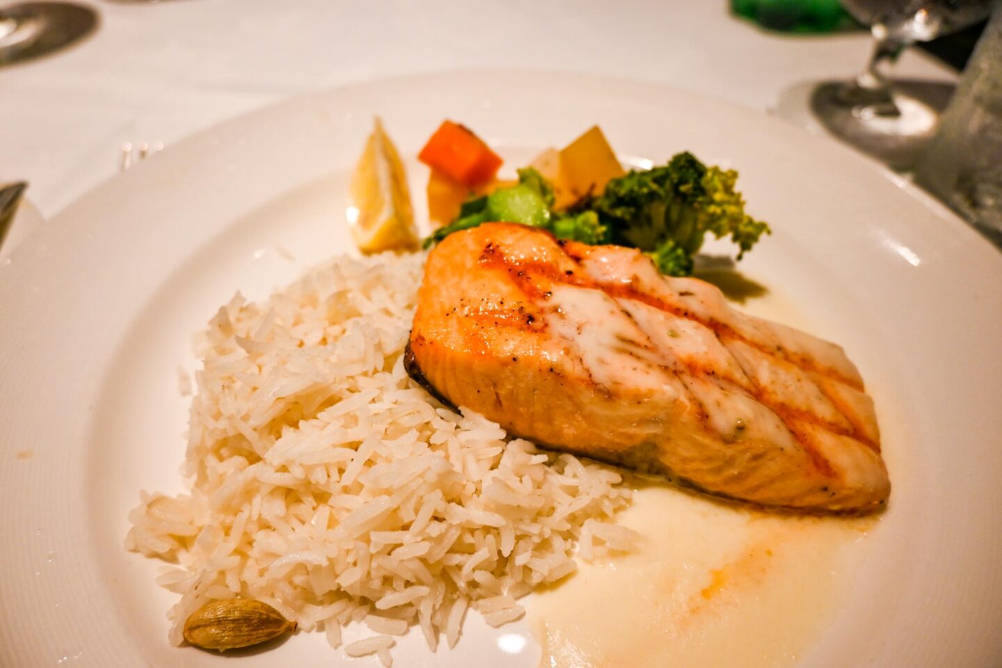 Princess Cruises from Southampton, Salmon dish in Cielo restaurant - Princess Cruises from Southampton, Salmon dish in Cielo restaurant
