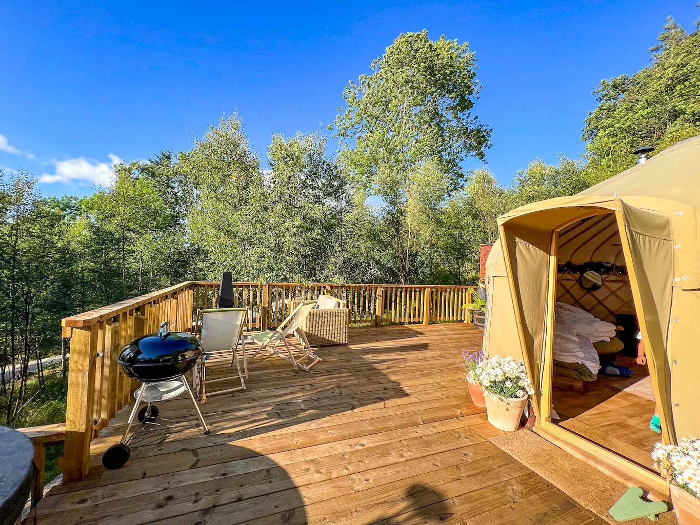 Glamping in Yorkshire, outside decking area at Yurtshire - Glamping in Yorkshire, outside decking area at Yurtshire