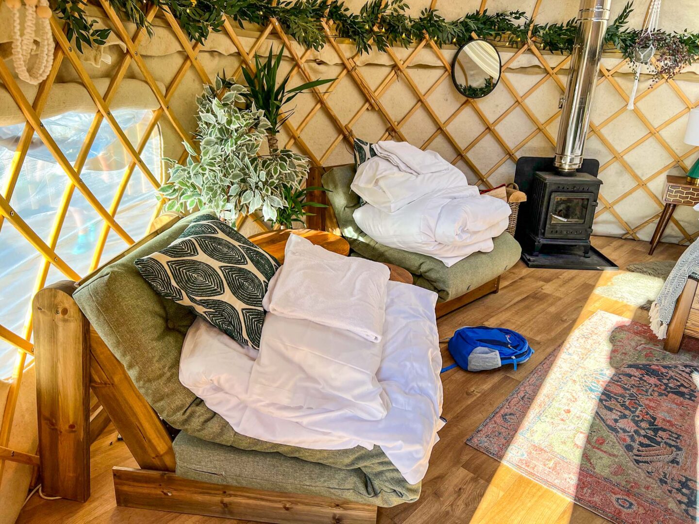 Glamping in Yorkshire, sofa beds inside Yurt at Yurtshire - Glamping in Yorkshire, sofa beds inside Yurt at Yurtshire