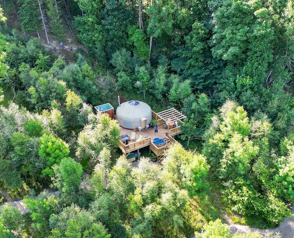 Glamping in Yorkshire, Drone shot of Ash Yurt at Yurtshire Eavestone Lakes - Glamping in Yorkshire, Drone shot of Ash Yurt at Yurtshire Eavestone Lakes
