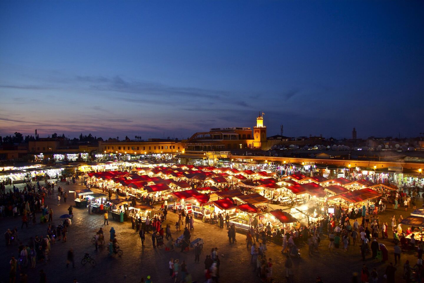 best restaurants Marrakech, restaurant in Marrakech Medina, view of Marrakech square at sunset - best restaurants Marrakech, restaurant in Marrakech Medina, view of Marrakech square at sunset