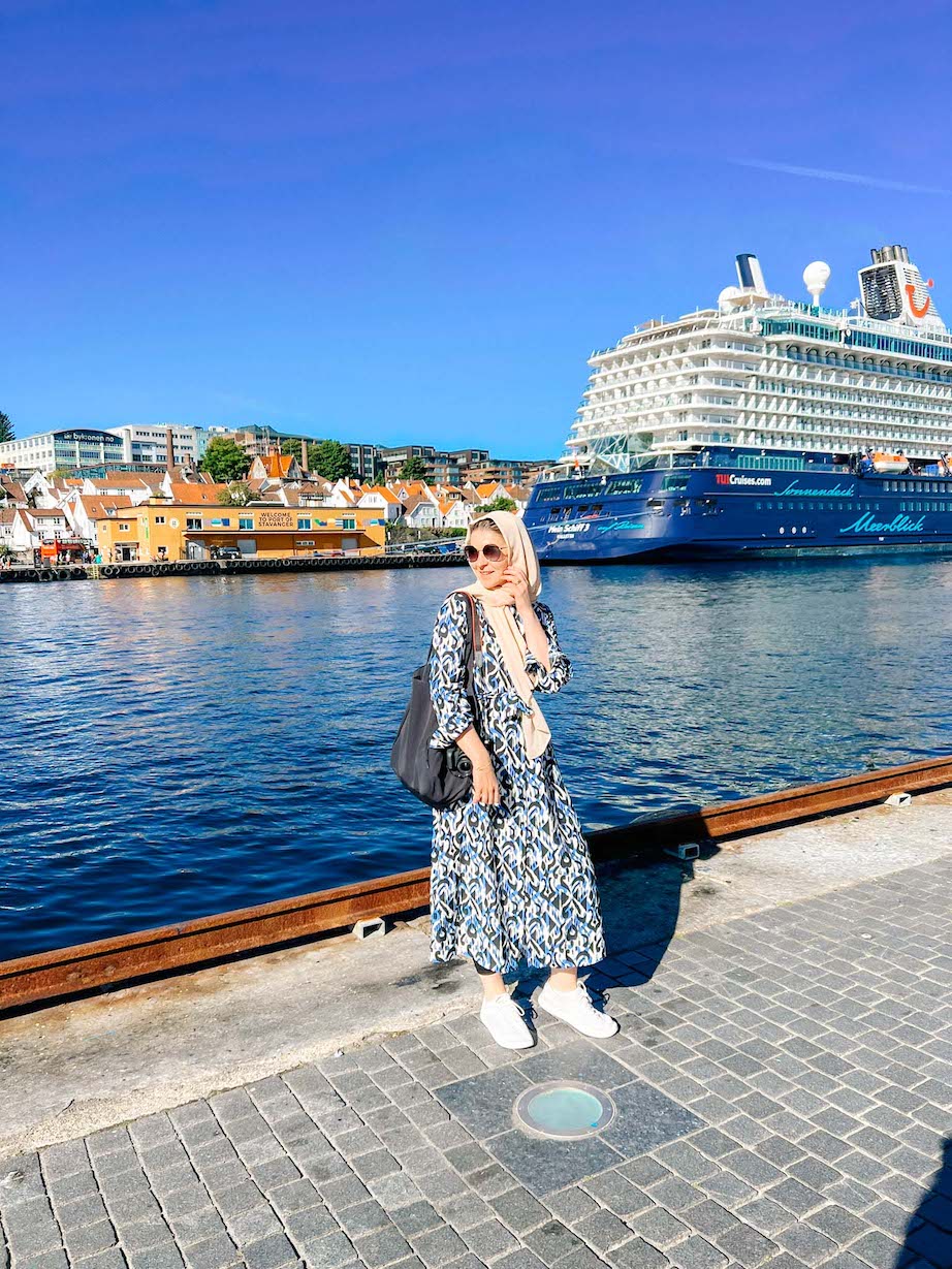 things to do in Stavanger, Ellie Quinn in blue dress in Stavanger by cruise ship - things to do in Stavanger, Ellie Quinn in blue dress in Stavanger by cruise ship