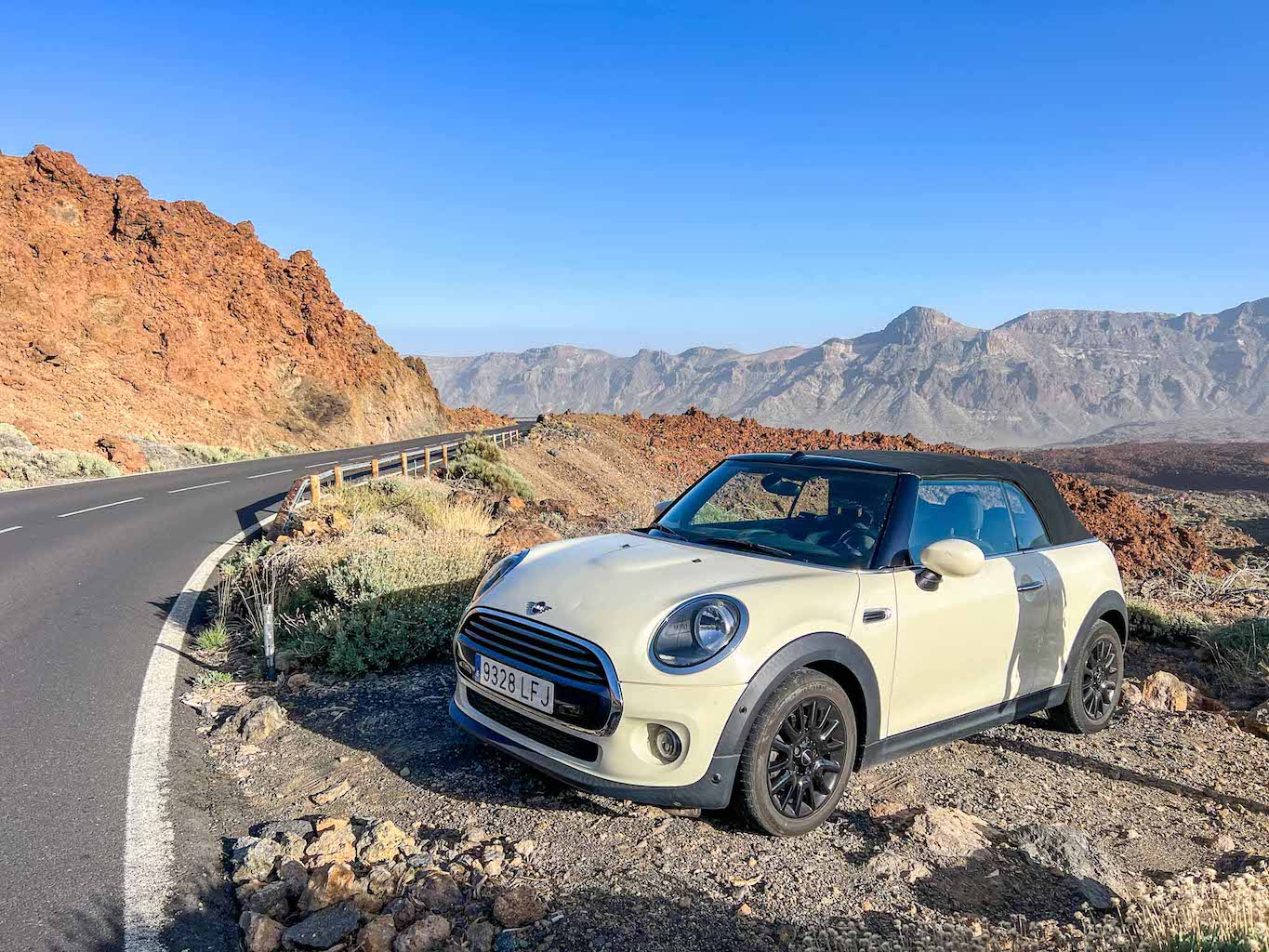 Tenerife road trip, cream mini hire car in national park - Tenerife road trip, cream mini hire car in national park