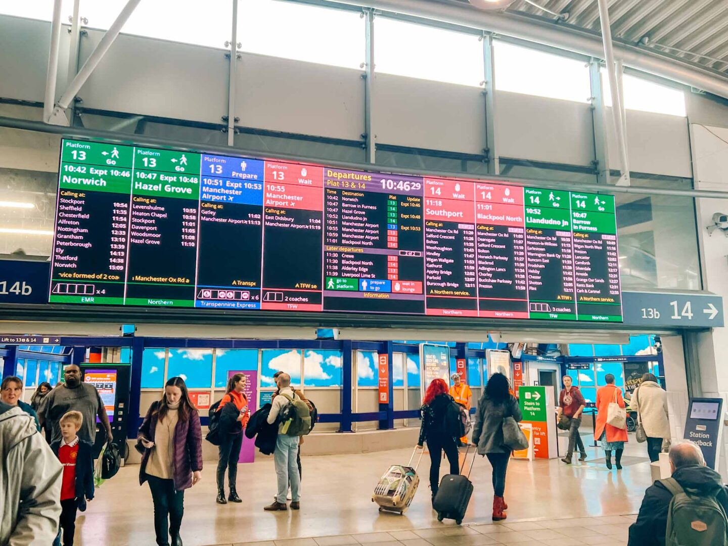 Manchester Airport to Manchester Piccadilly, train departures board at Manchester Piccadilly station - Manchester Airport to Manchester Piccadilly, train departures board at Manchester Piccadilly station