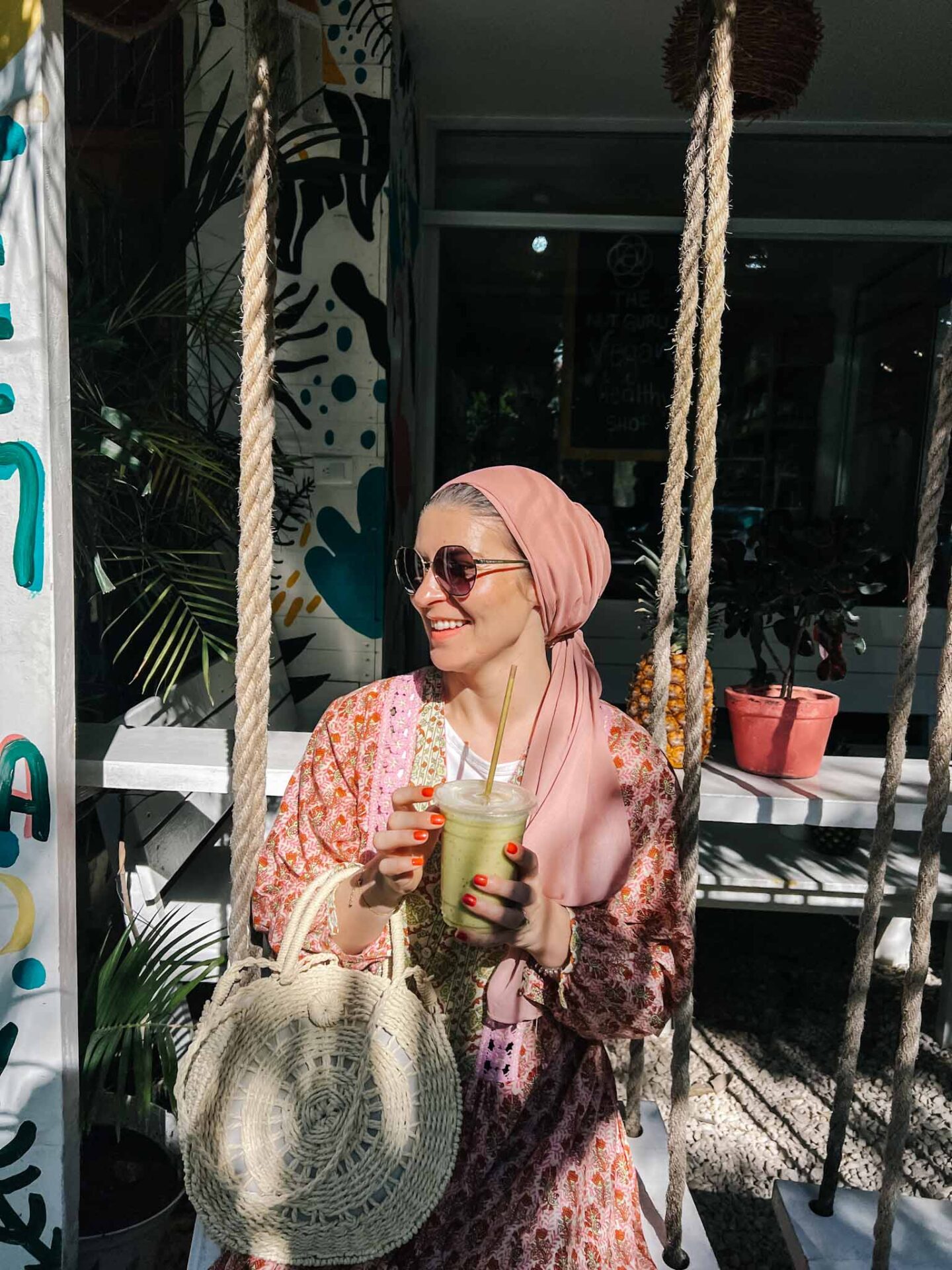 Ellie at Matcha Mama in Tulum with smoothie, Yucatan Road Trip, 1 week Mexico itinerary, - Ellie at Matcha Mama in Tulum with smoothie, Yucatan Road Trip, 1 week Mexico itinerary,