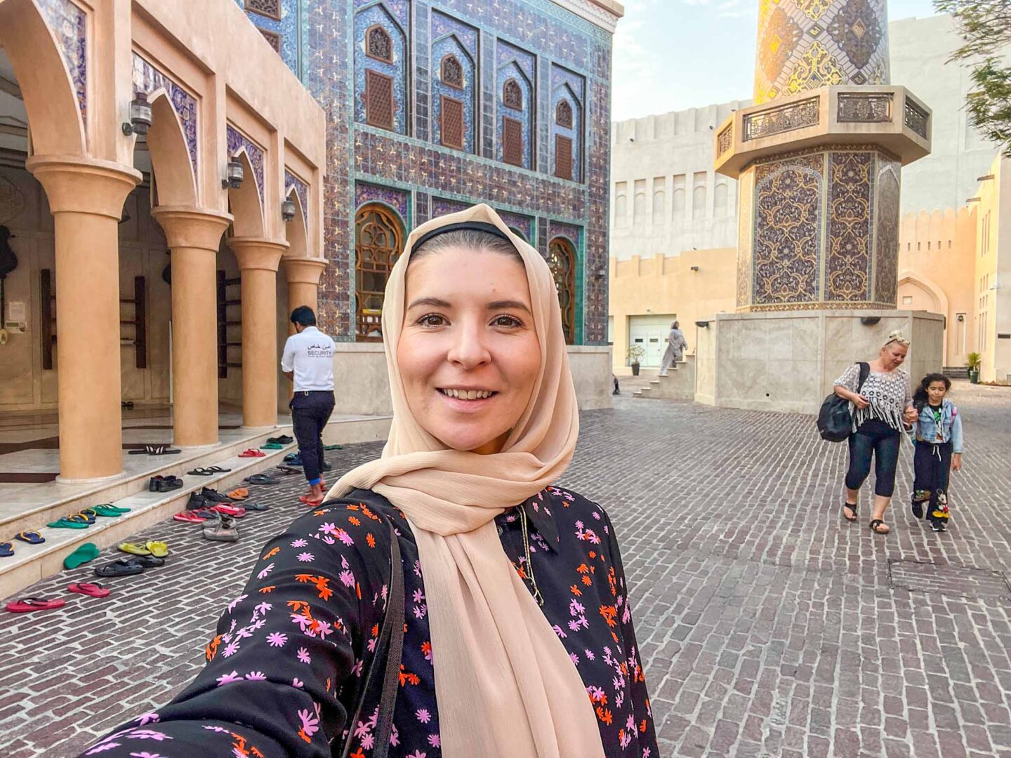Ellie at blue mosque in Katara Village Doha, Qatar dress code, what to wear in Qatar, - Ellie at blue mosque in Katara Village Doha, Qatar dress code, what to wear in Qatar,
