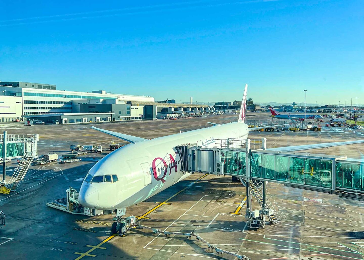 Qatar Airways Plane in Manchester Airport, Qatar Stopover, one day in Doha, - Qatar Airways Plane in Manchester Airport, Qatar Stopover, one day in Doha,