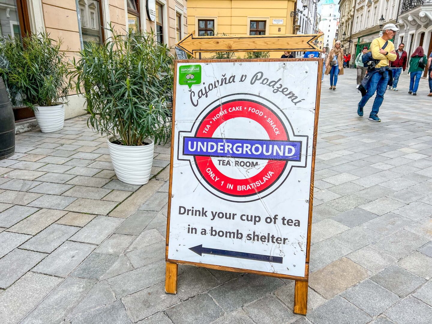 things to do in Bratislava, bomb shelter cafe sign - things to do in Bratislava, bomb shelter cafe sign