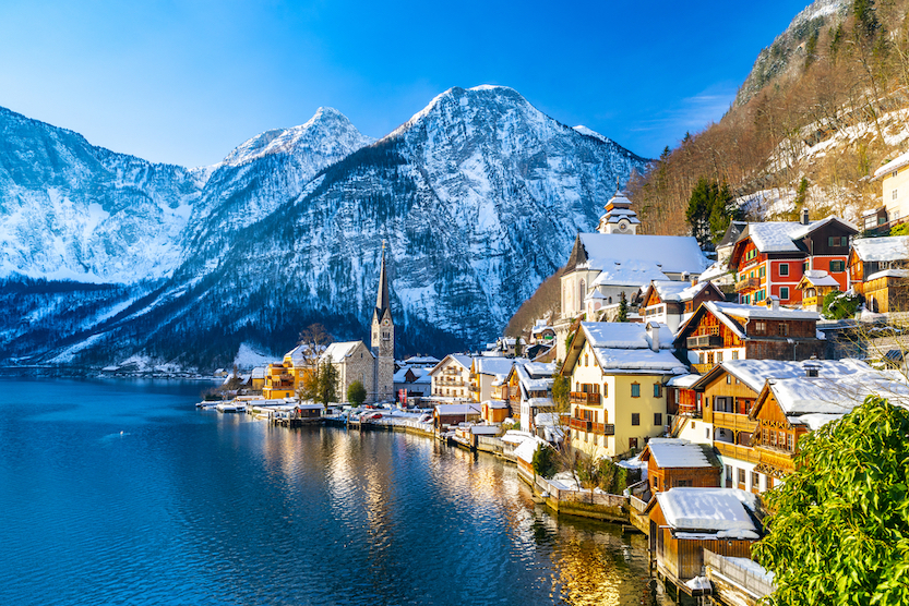 Best Places to Visit in Europe in December, Halsatt in Winter with snow and sunshine - Best Places to Visit in Europe in December, Halsatt in Winter with snow and sunshine