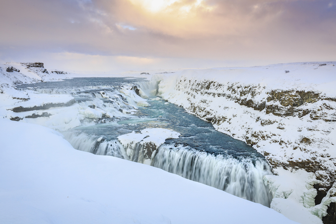 women's tour to iceland, Gullfoss waterfalls with snow - women's tour to iceland, Gullfoss waterfalls with snow