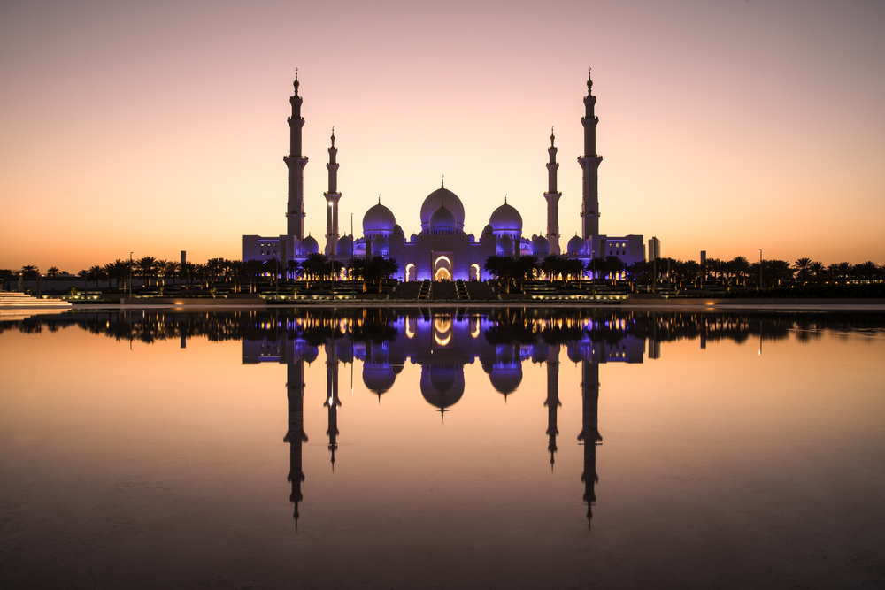 Sheikh Zayed Mosque with water and sunset, visiting Sheikh Zayed Mosque - Sheikh Zayed Mosque with water and sunset, visiting Sheikh Zayed Mosque