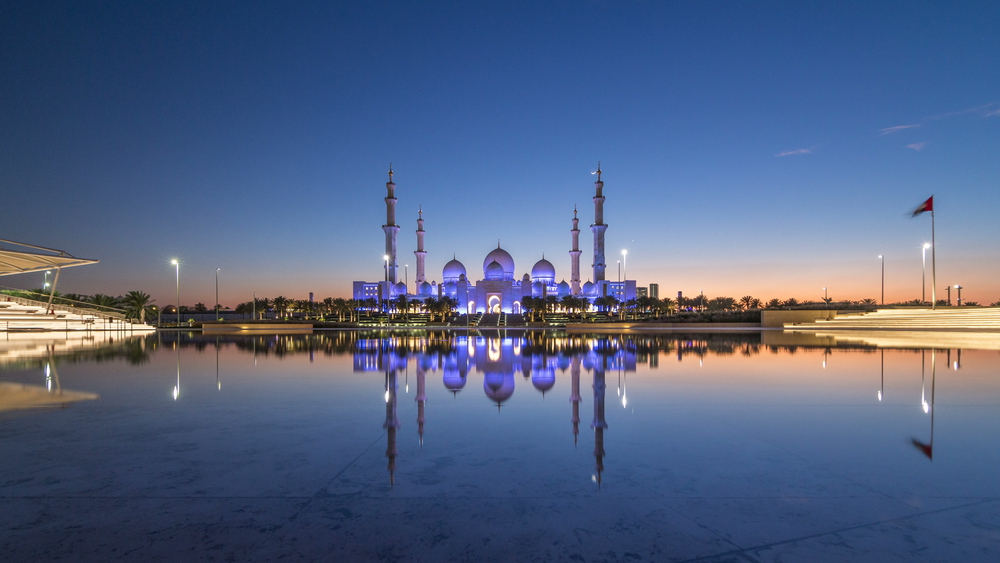 Sheikh Zayed Mosque with water and sunset, visiting Sheikh Zayed Mosque - Sheikh Zayed Mosque with water and sunset, visiting Sheikh Zayed Mosque
