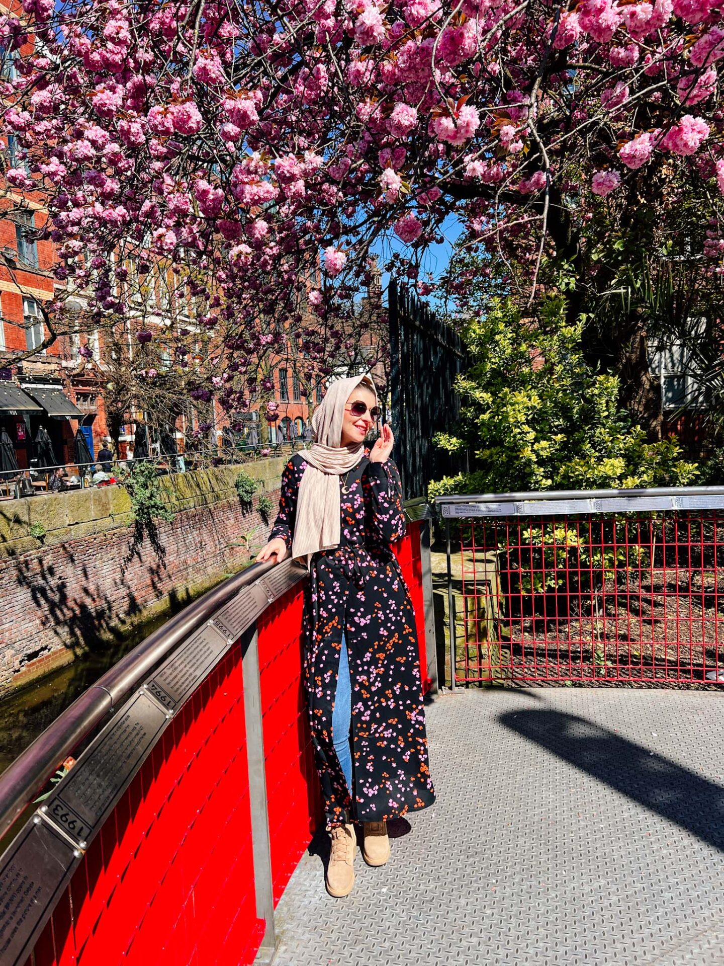 Cherry blossom Masnchester, Ellie by canal with pink cherry blossom - Cherry blossom Manchester, Ellie by canal with pink cherry blossom