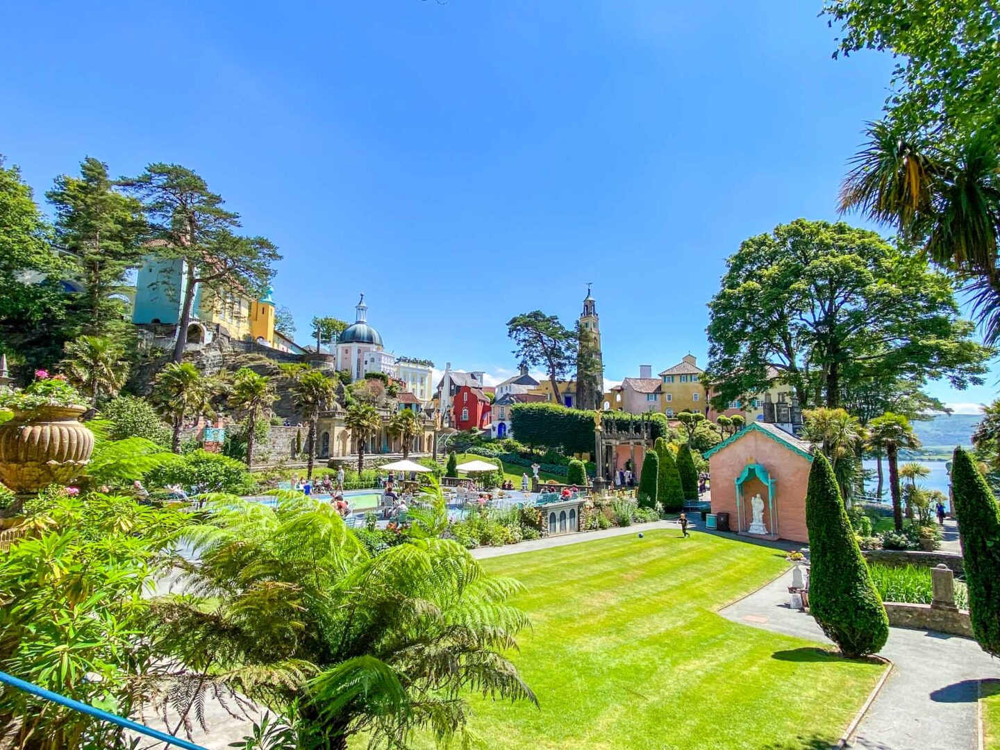 Visiting Portmeirion, Portmeirion garden and buildings on a sunny day - Visiting Portmeirion, Portmeirion garden and buildings on a sunny day