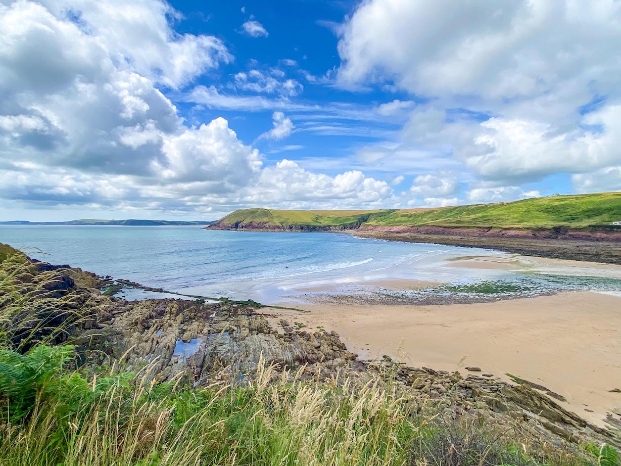 best beaches in South Wales, Manorbier beach from the side with no people - best beaches in South Wales, Manorbier beach from the side with no people