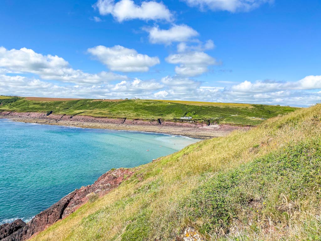 best beaches in South Wales, Manorbier beach from Wales Coastal Path - best beaches in South Wales, Manorbier beach from Wales Coastal Path
