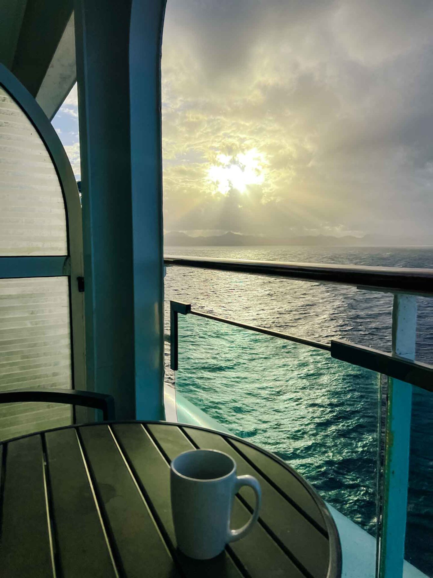 Tui cruise review, coffee on balcony onboard Marella Discovery 2