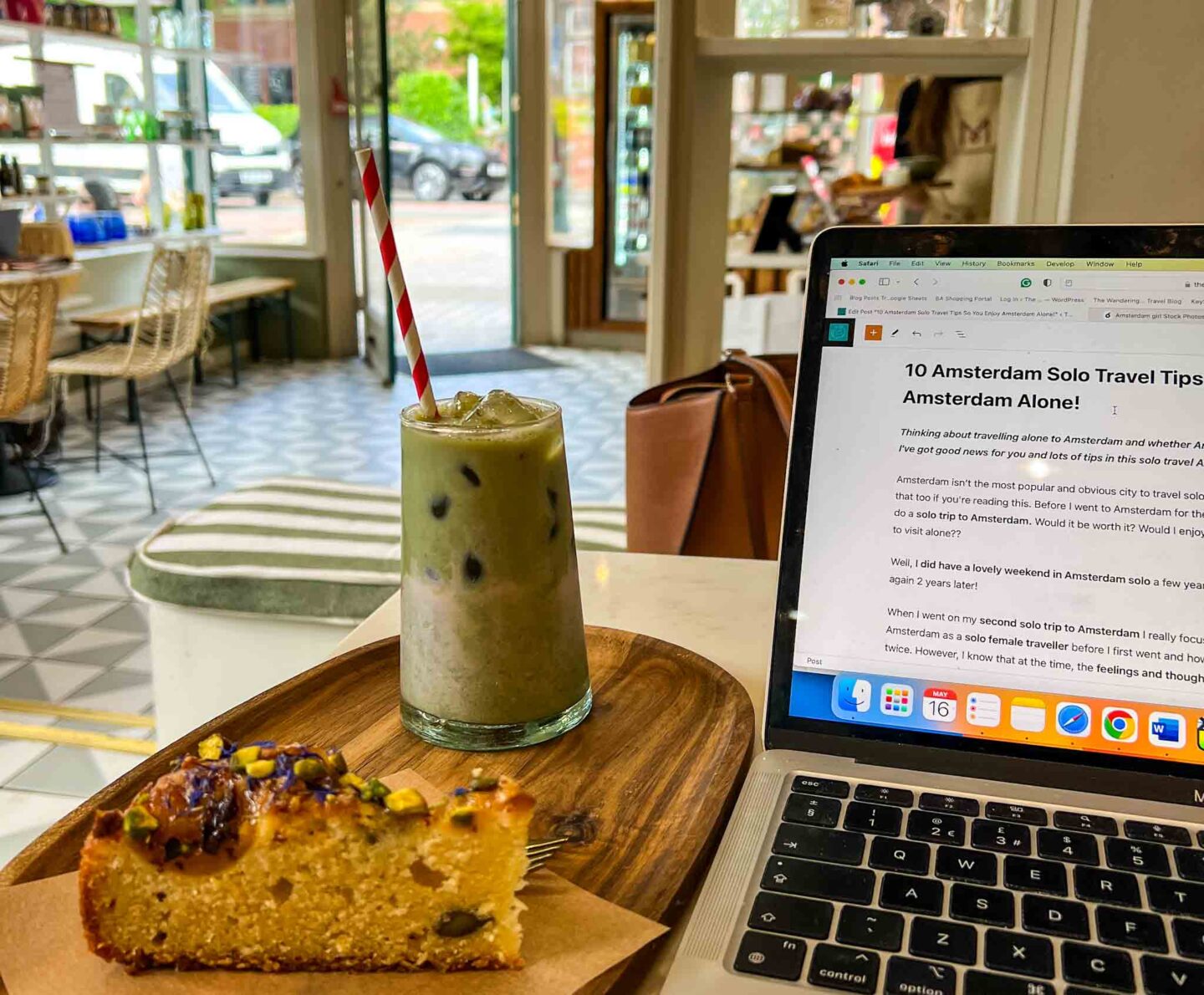 breakfast brunch Altrincham, matcha ice latte and cake with a laptop at So Marrakesh in Altrincham 